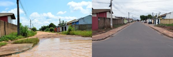 Imagem de antes e depois mostra rua alagada e depois totalmente asfaltada após a drenagem